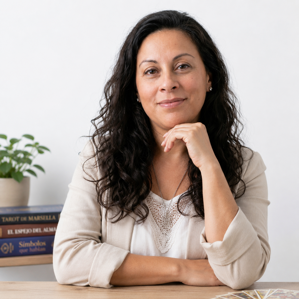 Mariana Medici en su espacio de consulta con sus libros de Tarot de Marsella