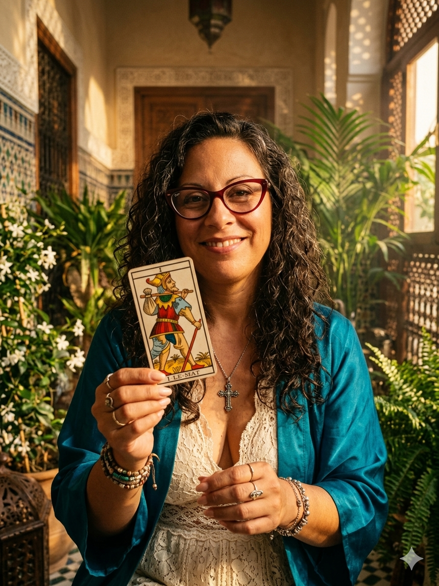 Mariana Medici mostrando la carta Le Mat del Tarot de Marsella